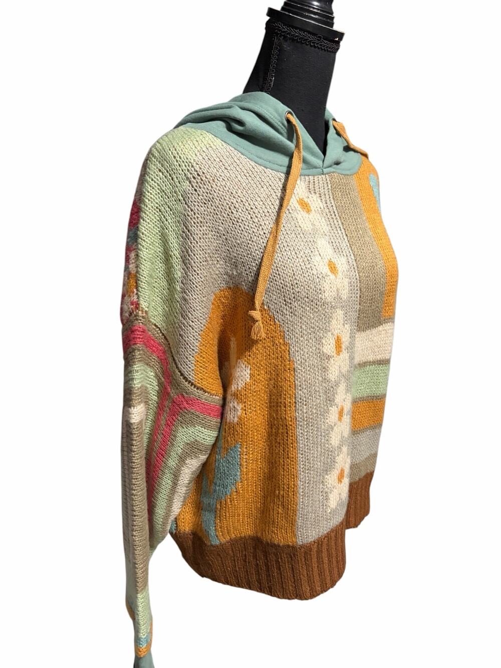 Natural Life S/M Boho Patchwork Knit Hoodie Sweater Floral Butterfly NWT